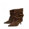 Plus Size Womens Pointed Toe Mid Calf Boots Faux Suede Stacked Western Style Heeled Fall Winter