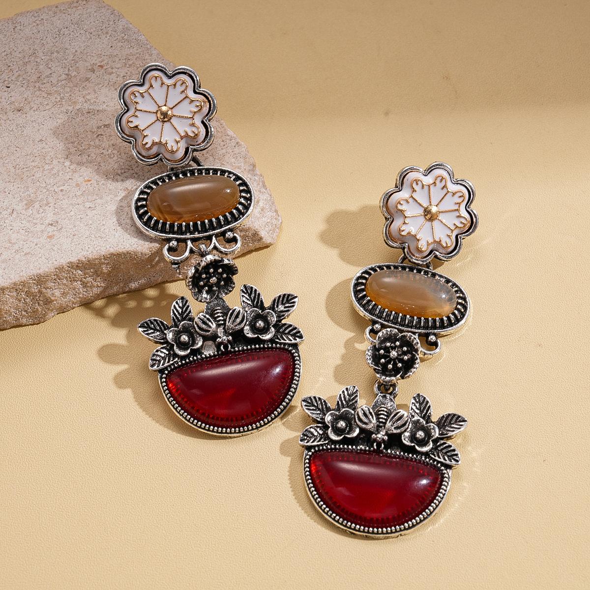 European and American old resin oval flower silver needle earrings retro geometric earrings