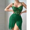 Damen Spitzenkorsett Slipkleid Spaghettiträger Raffung Netz Schlitz Minikleid Sexy Nachtwäsche Party Bodycon Kleider