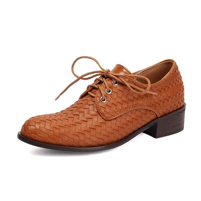 Plus Size Woven Pattern PU Lace Up Thick Heel Loafers British Style Summer Breathable Retro Shallow Women s Pumps 35 темно-коричневого 6869₽