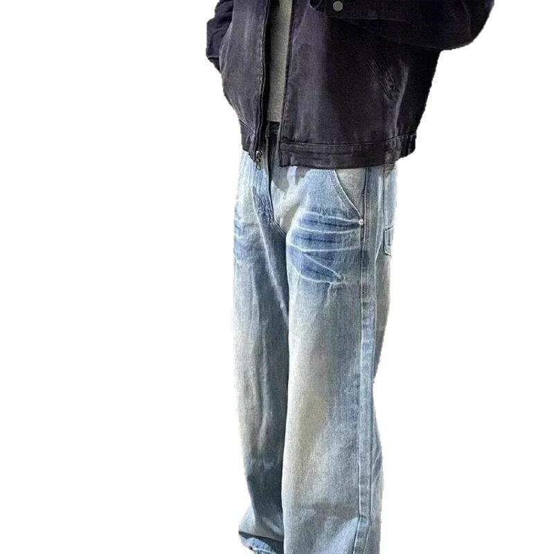 Washed Blue Straight Jeans Men's Spring and Autumn American High Street Vibe Pants Cleanfit Scimitar Slightly Pulled Trousers