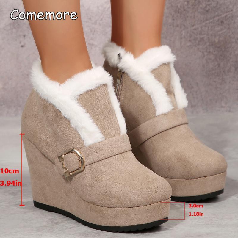 Fashion Metal Buckle Suede Wedge Heel Snow Boots Women Winter Round Toe Super High Heel Ankle Boots Warm Faux Fur Thick Bottom Shoes