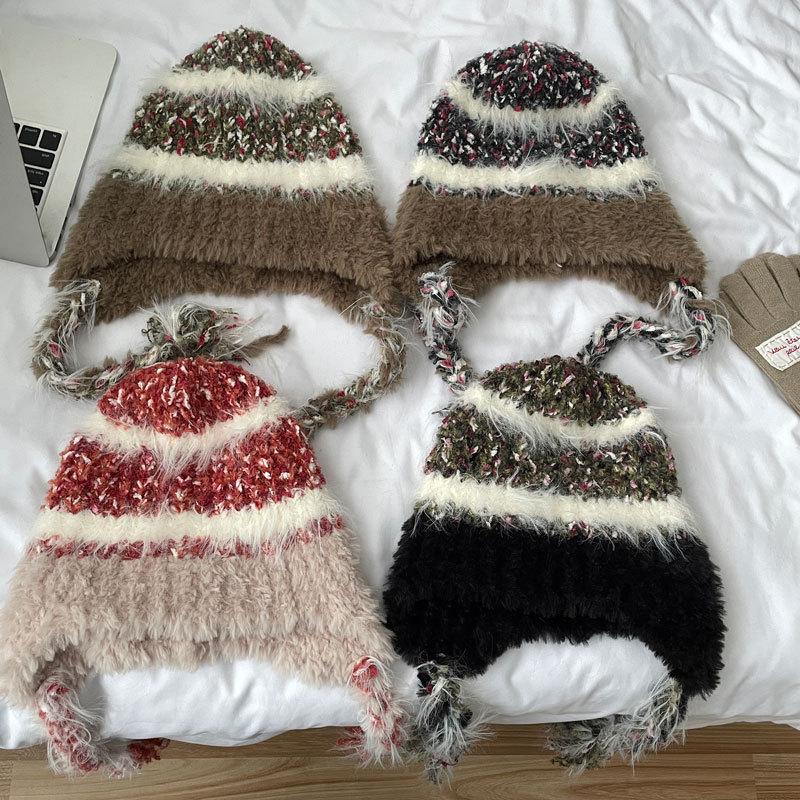 Striped splicing knitted ear protector children autumn and winter thickened warm wool cap pullover cap plush Lei Feng hat tide