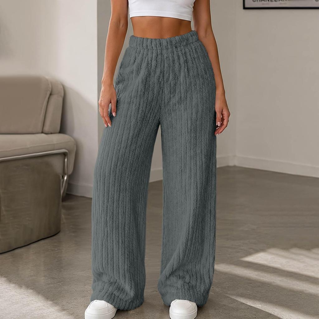 Winter Pants for Women Elastic Waist Fuzzy Wide Leg Casual Trousers