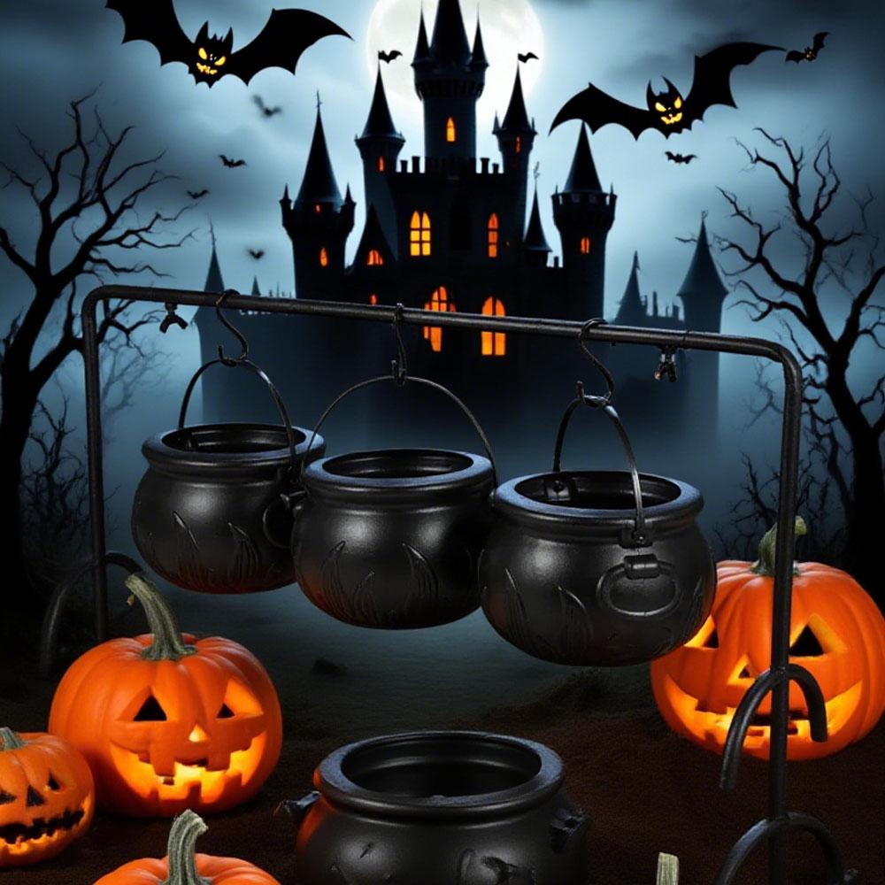 Halloween Candy Bowl Decorations Cauldron Bowls with Iron Rack, Halloween Party Decorations Candy Bucket