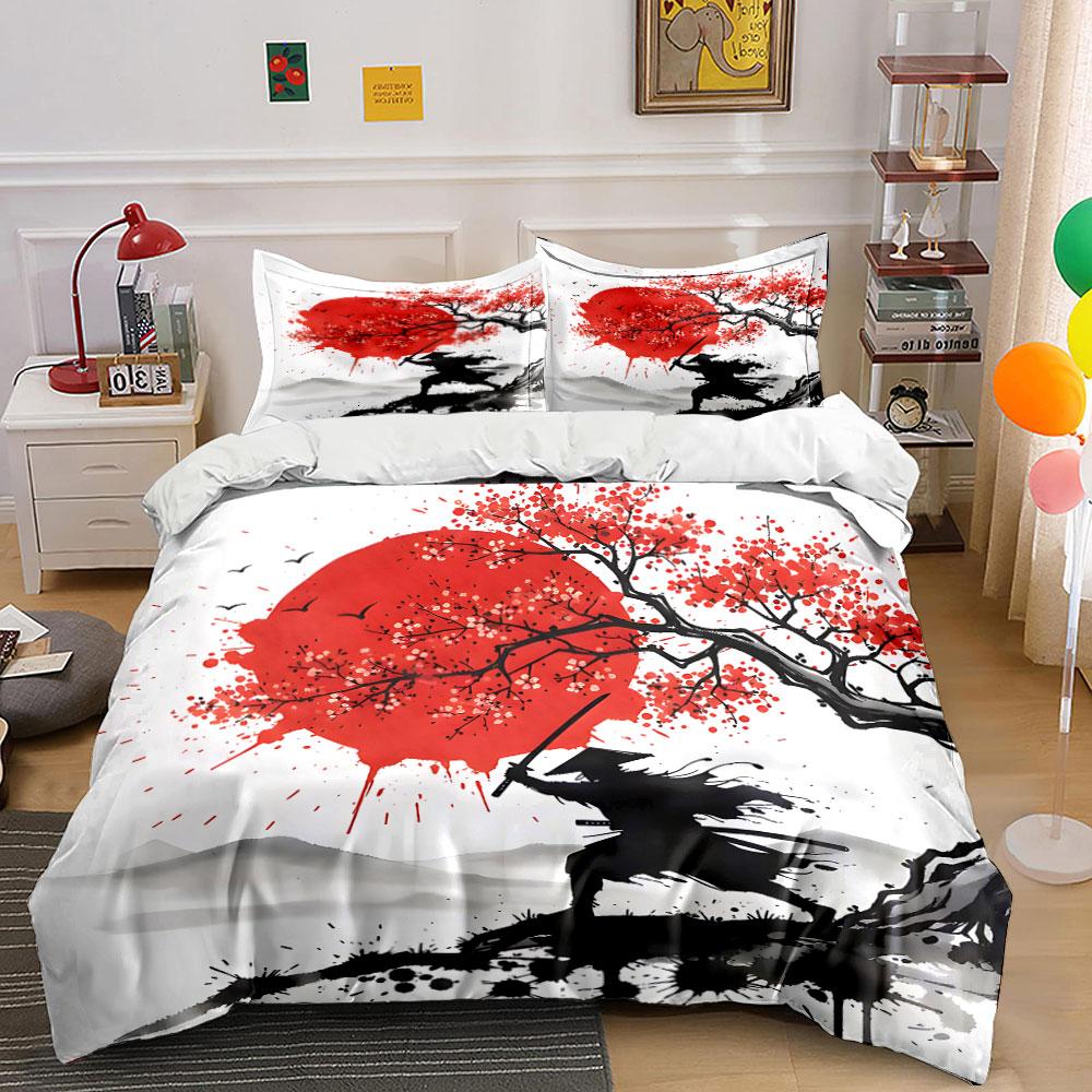 Samurai Under Red Sun Art Bedding Duvet Cover Set (1*Duvet Cover 2*Pillowcases, Without Duvet Insert)