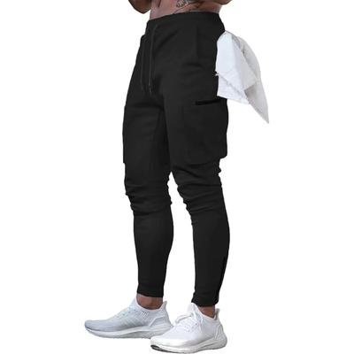 Pantalon de jogging pour homme Mechieng, Tenue d'entraînement, Multi-poches, Pantalon de fitness, Coupe ajustée, Coton, Tenue de gym, Noir, Taille L