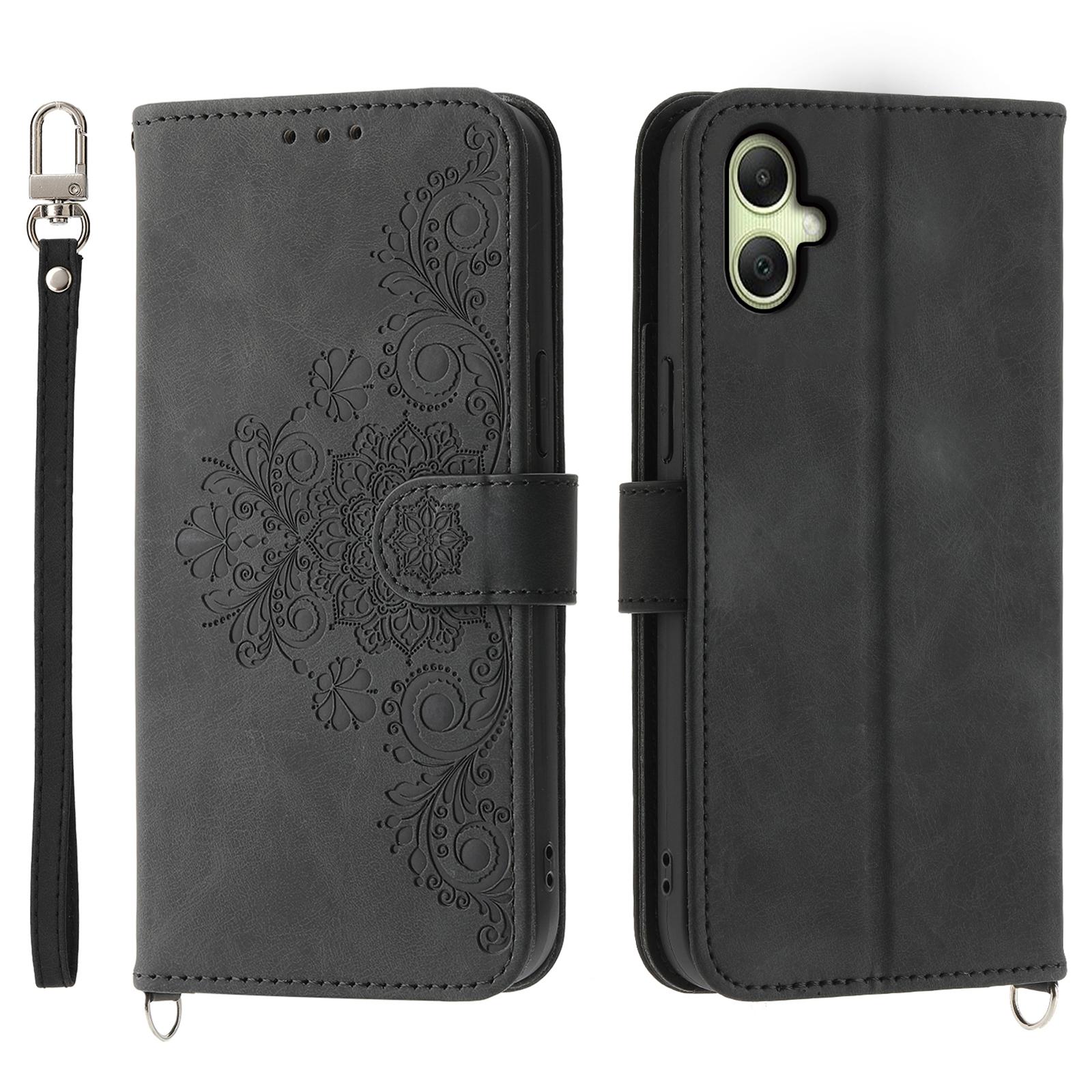 

For Samsung Galaxy A06 4G Case Flower Pattern PU Leather Wallet Phone Cover with Strap Black