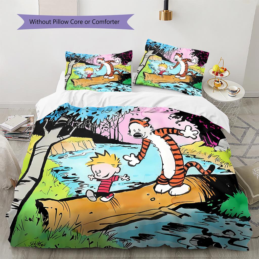Calvin and Hobbes Pattern Bedding Quilt Set Quilt Cover Pillowcase Home Decoration Gift (1 * Duvet Cover + 2 * Pillowcase, Without Core)