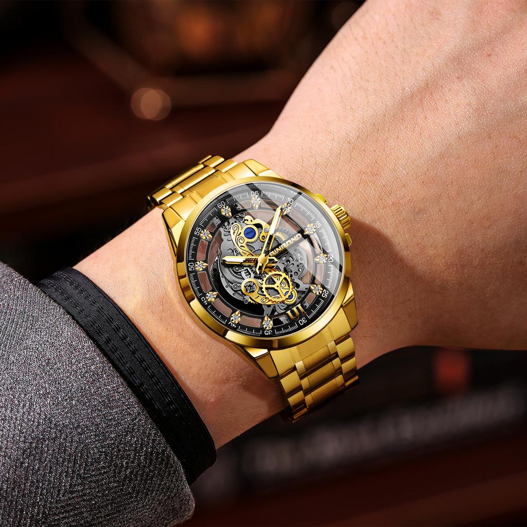 BINBOND Luxury Vintage Hollow-Out Quartz Wristwatch for Men Luminous Waterproof Accurate Durable Men's Watch Casual Reloj+Box