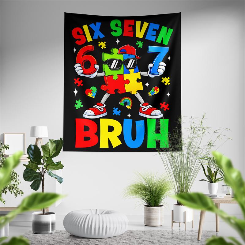 Aertemisi Six Seven Bruh 67 Autism Puzzle 6 7 Meme Tapestry Wall Hanging Art for Bedroom Living Room Decor Dorm