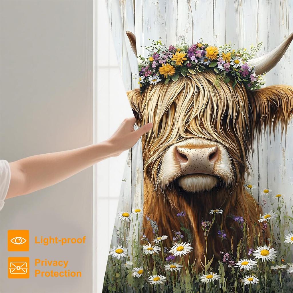 Highland Cow Rustic Flowers Shower Curtain,Bathroom Shower Curtains Bathtub Home Decor Waterproof Fabric Machine Washable with 1