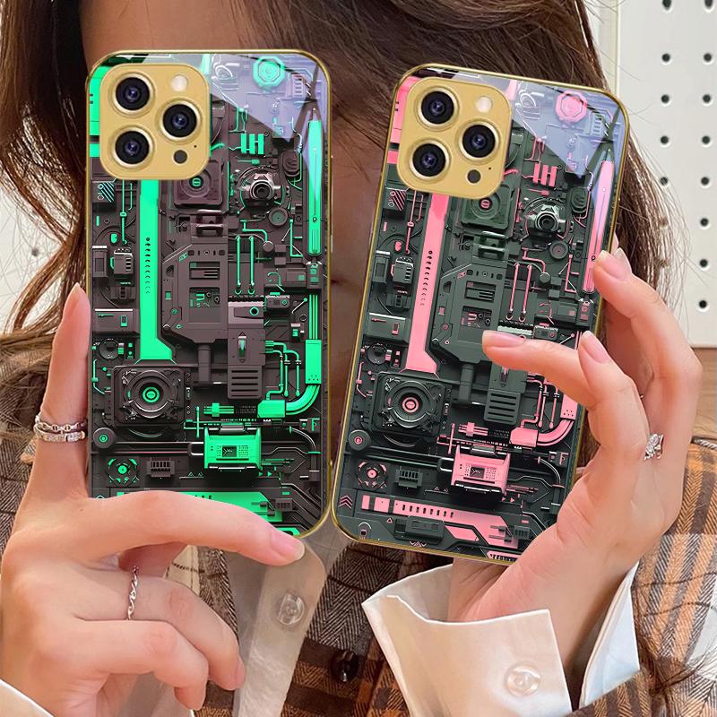 Yellow circuit board For IPhone 16 16Pro Max 15 P ro 14 13 Plus 12 Mini 11Pro Max XS Max XR Golden tempered glass phone case
