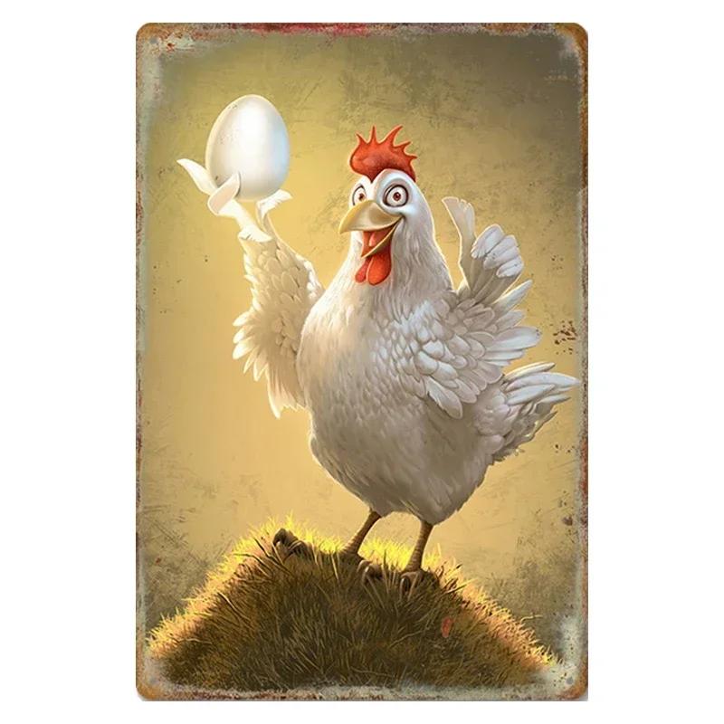 Chicken Rooster Hen Coop Egg Decorative Metal Sign, Vintage Tin Metal Plate for Farmhouse Kitchen Wall Home Decor