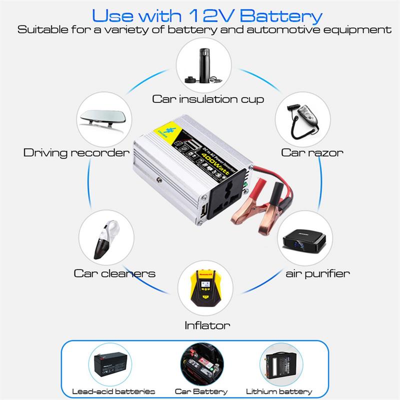 400 В Інвертор Чистої Синусоїди Потужності 12 В Постійного Струму до 220 В Змінного Струму Автомобільний Перетворювач Сонячний Інвертор з 2 Затискачами для Акумулятора для Вантажівки Кемпінгу