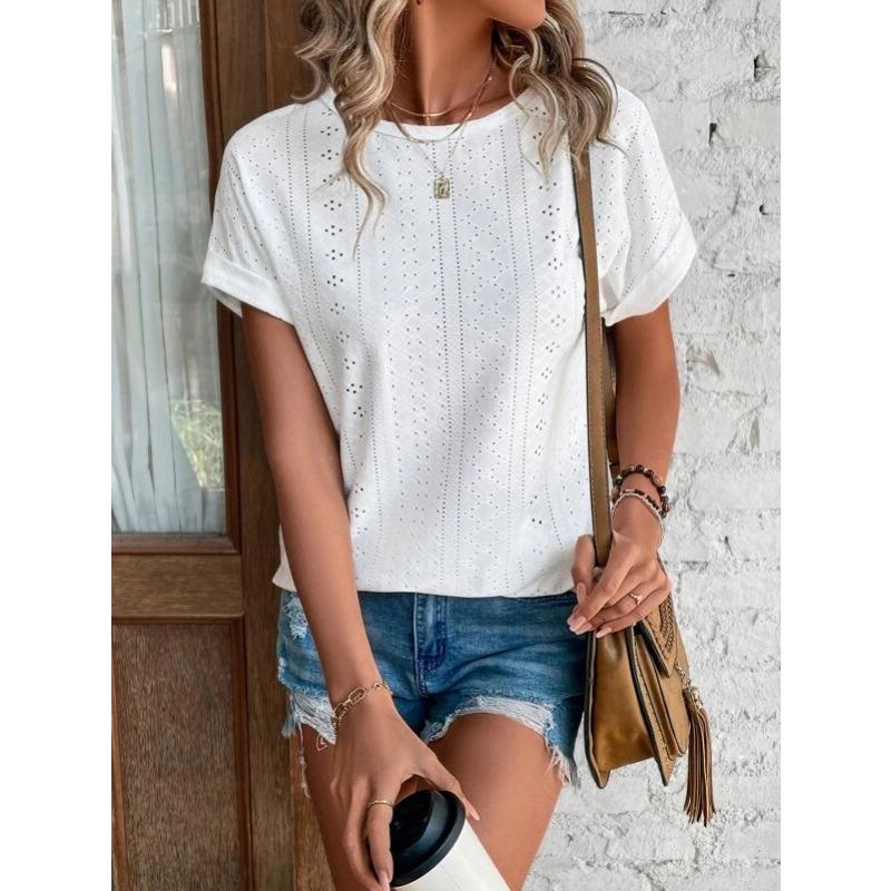 Fashion Casual Bat Short Sleeves Hollow Blouse Women O Neck Loose Summer T Shirts Female Office Tops Sweet Embroidery Solid Color Elegant Clothing