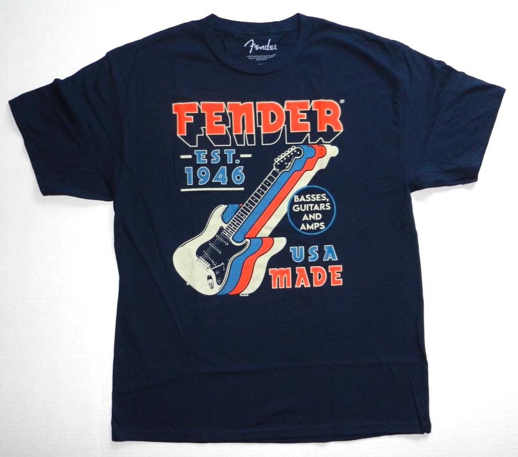 Fender EST. 1946 Guitars USA Made Maglietta con Logo Musicale Nuova