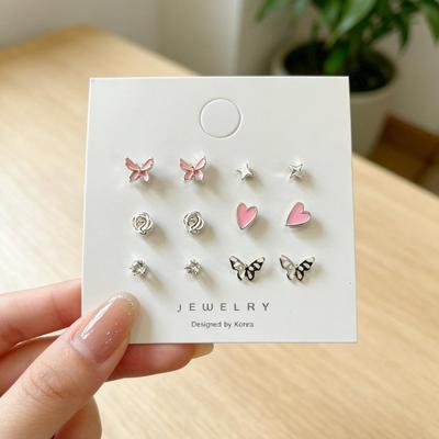 Korean Style Heart, Star & Moon Stud Earring Set for Female Students - Versatile Multi-Pair One Week Collection
