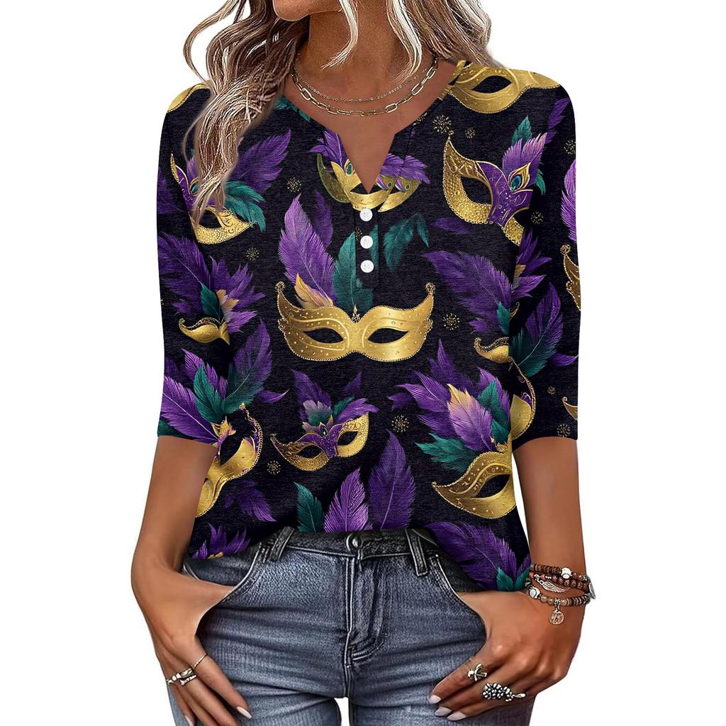 Dámské tričko s potiskem, knoflíky, 3/4 rukávy, pro každý den, na víkend, módní, základní, s výstřihem do V, běžný top