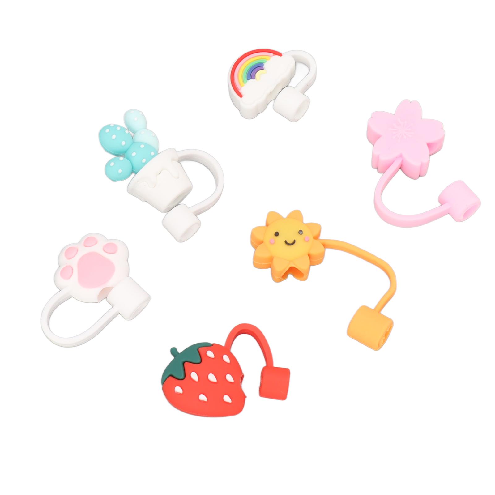 

6Pcs Straw Cover Cap Cute Cartoon Reusable Silicone Toppers Drinking Tips Lids Plugs Type B