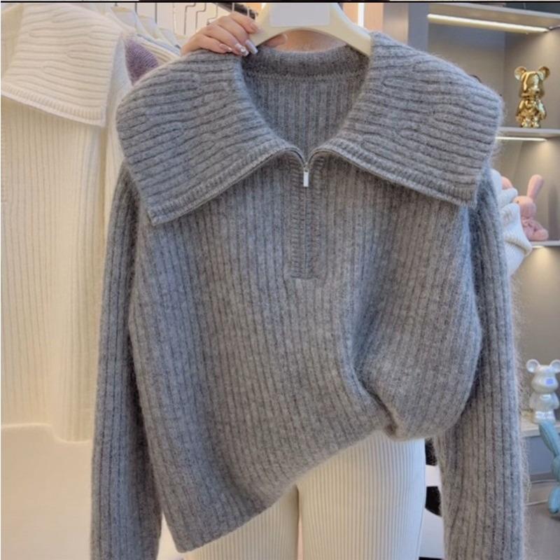 Thick and Loose Design Half Zipper Knitted Sweater Top Knitted Sweater for Women