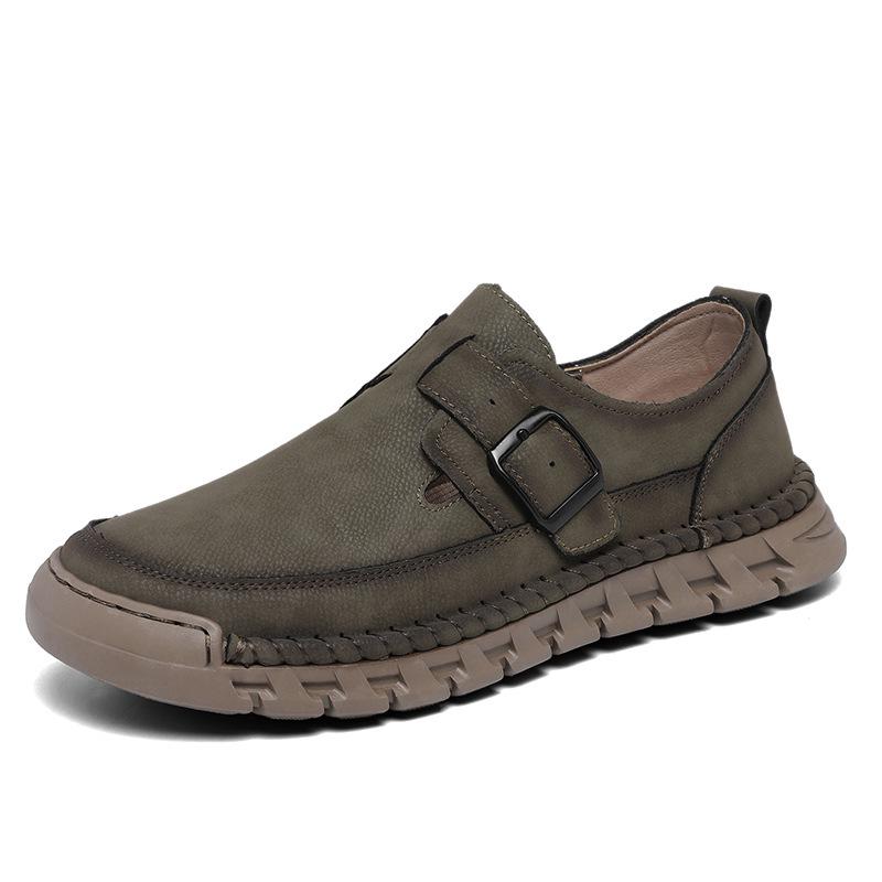 Men s 2025 Spring Breathable Slip-on Leather Driving Shoes, Handmade Stitching, Casual Large Size 38 хаки
