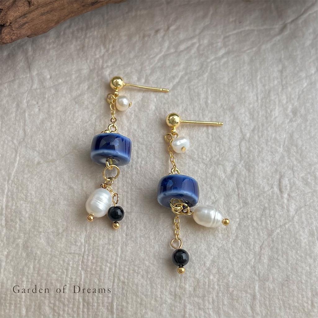 

Серьги-кисточки ручной работы из синей керамики и пресноводного жемчуга - Винтажные этнические украшения для женщин