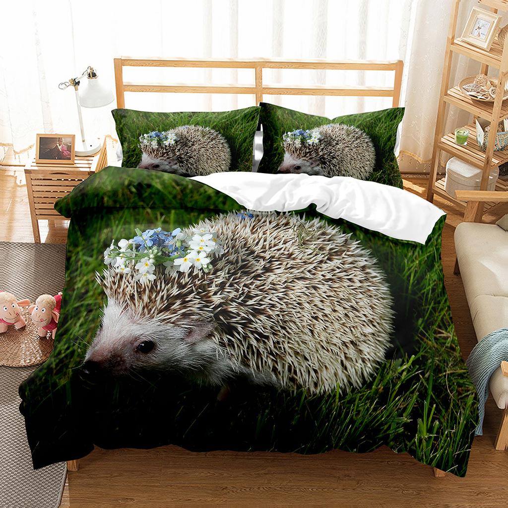 Hedgehog Duvet Cover Set Cute Cute Animal Polyester Comforter Cover King Queen Size for Kid Boy Girl Bedding Set with Pillowcase