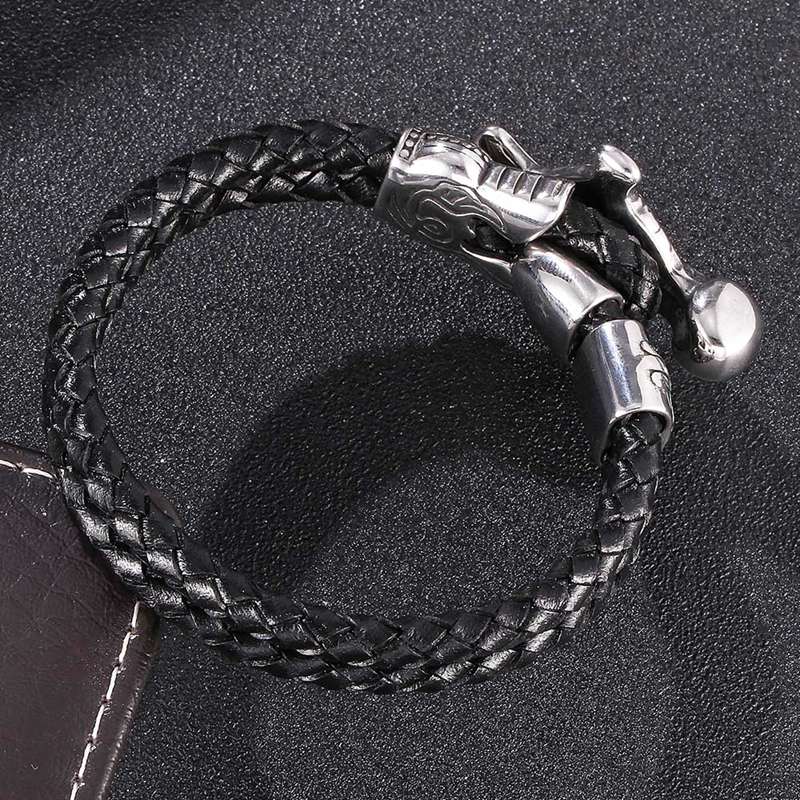 Punk Jewelry Stainless Steel Skull Cross Bracelet Men Double Braided Leather Bracelet Rock Male Wrist Band Gifts