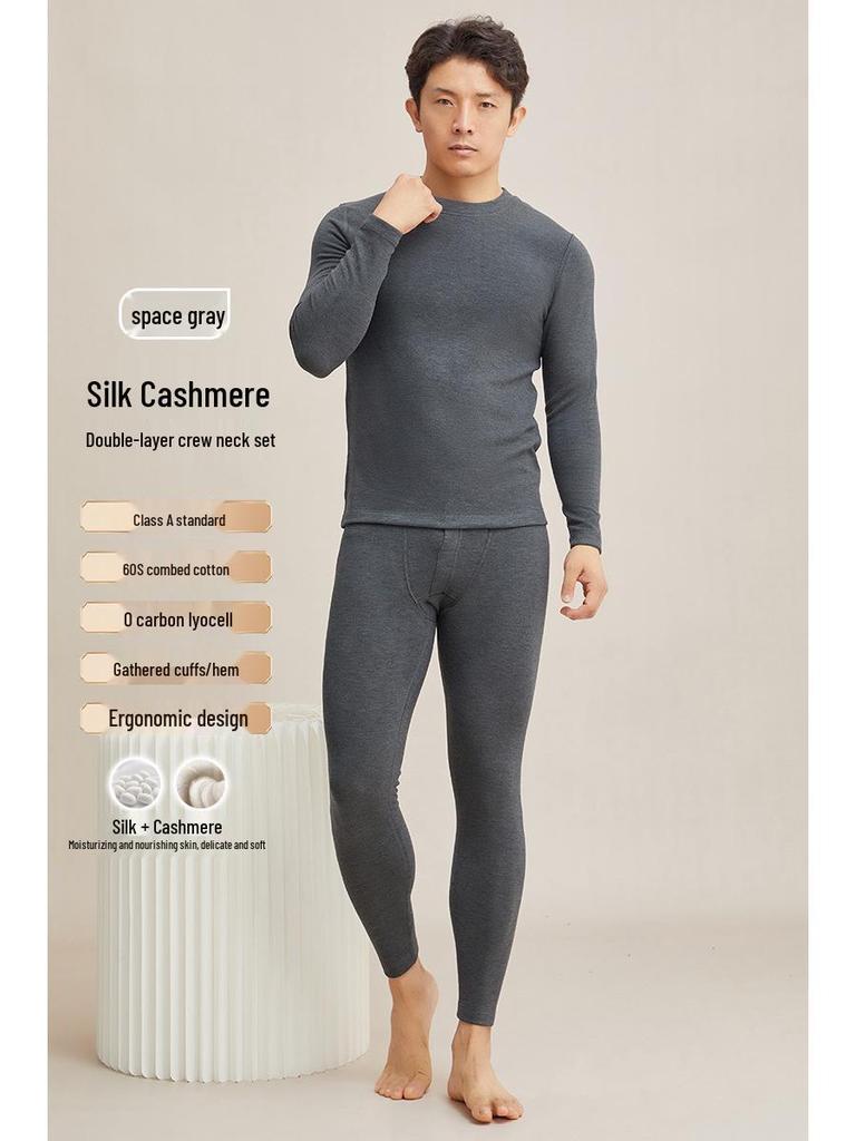 Men's Thick Fleece-Lined Cashmere Silk Base Layer Set for Winter