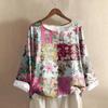 Women's Casual Long-sleeved Round-neck Retro Gradient Printed Cotton And Linen Top