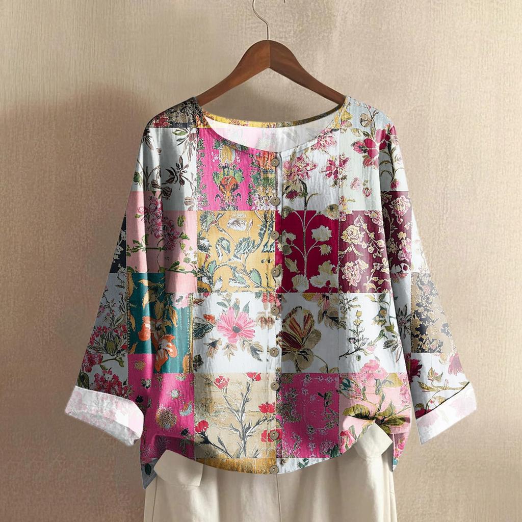 Women's Casual Long-sleeved Round-neck Retro Gradient Printed Cotton And Linen Top