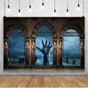 Medieval Castle Backdrop Halloween Decoration Brick Wall Iron Gate Pumpkin Graveyard Gothic Party Backgrounds for photographs