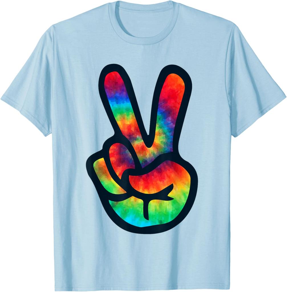 Tie Dye Peace Sign Hippie V Hand Graphic Short Sleeve Cotton Crew Neck TShirt