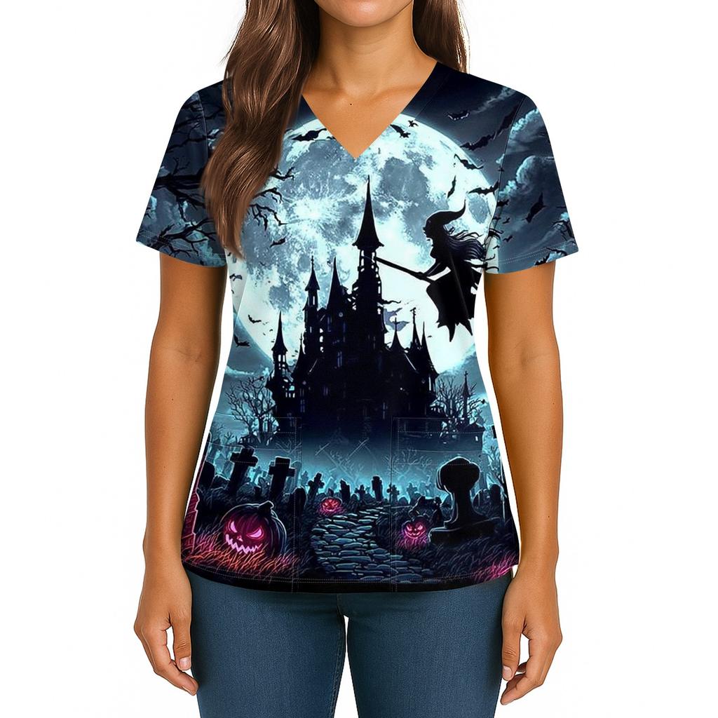 Damen Halloween Bedrucktes V-Ausschnitt Doppel-Taschen Kurzarm Saumschlitz Uniform Pflegekraft Oberteil