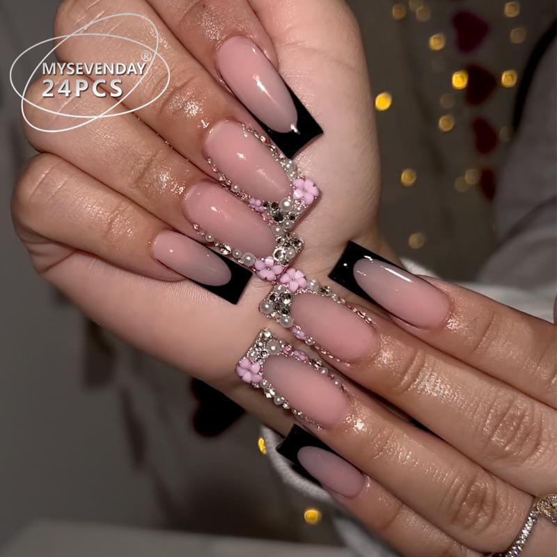 

24-Piece Spicy Girl Handmade Floral Nail Art with Rhinestones - Removable Fake Nails Gel Polish