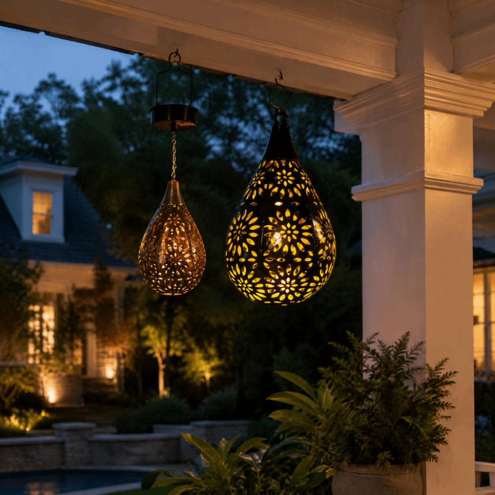 Moroccan Style Solar Hanging Lanterns Hollow Iron Garden Solar Lamp Hanging Solar Light For Patio