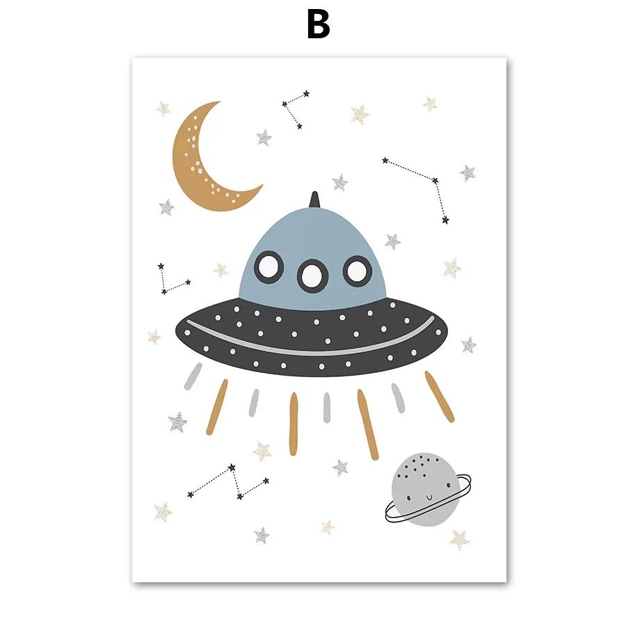 Modern Minimalist Cartoon Rocket Space Planet HD Canvas Wall Art for Kids Bedroom  Living Room Decor  Perfect Poster Prints for