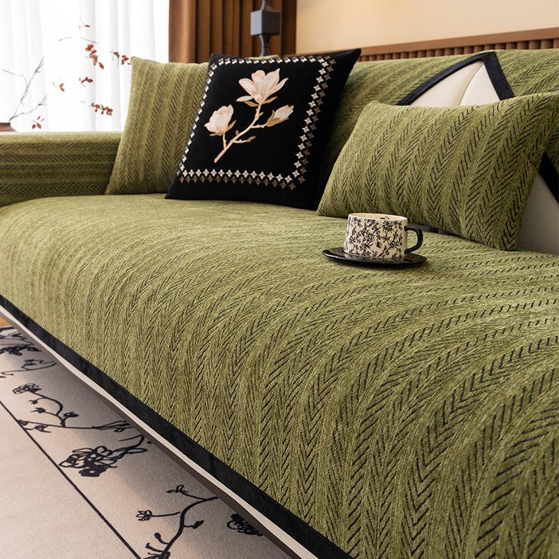Fish Bone Pattern Chenille Sofa Cushion Universal Non-Slip In All Seasons, Medium And Ancient Style Straight Row Seat Cushion Cover, Sofa Cover