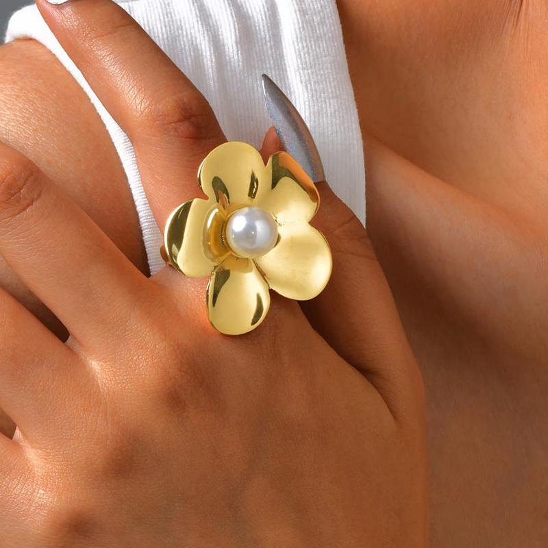 

Big Flower Statement Ring for Women, Waterproof 18K Gold Plated Pearl Floral Rings, Stainless Steel Finger Accessories US Ring Size 06