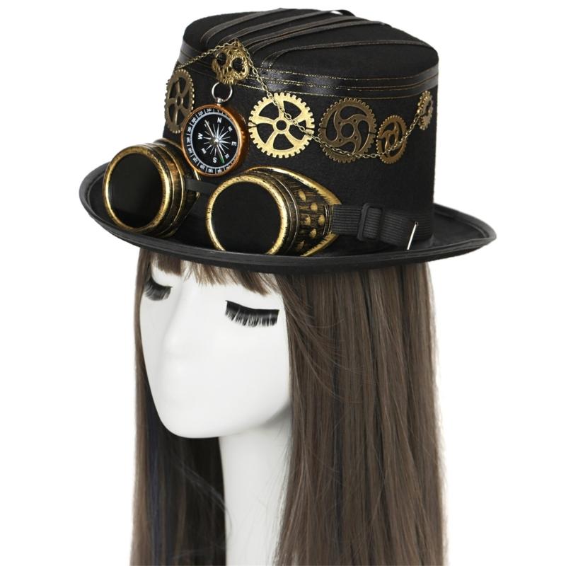 Punk Top Hat Lady with Compass Gears Goggles Compass Head Wear Cosers Costume Accessories for Industrial Age