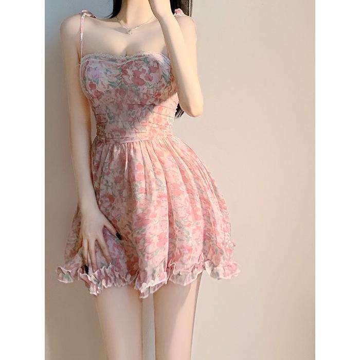 

Beautiful temperament suspender dress female summer feeling fairy dress chiffon high waist thin retro floral skirt S