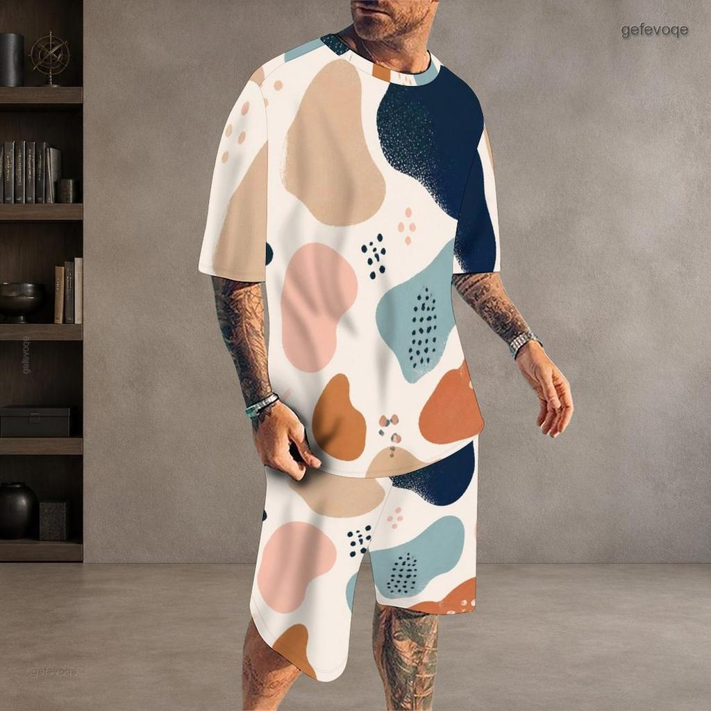 Men Plus Size Printed Round Neck Short Sleeve Top Drawstring Pocket Shorts Two Piece Set