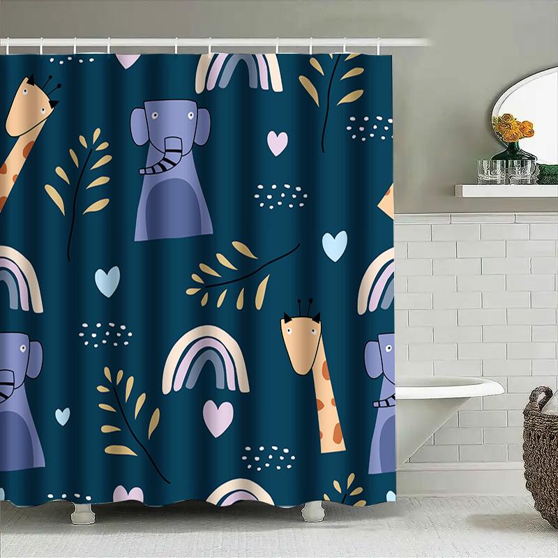 Blue Shower Curtain With Cute Cartoon Animals Perfect For Bathroom Decor! (128 Characters)