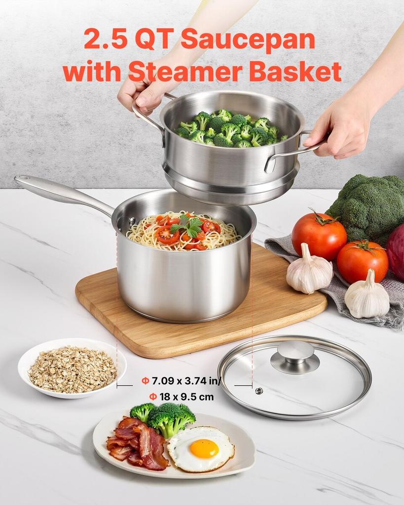 2.5 QT Saucepan with Steamer, Stainless Steel Saucepan with Glass Lid, Multipurpose Nonstick Stainless Steel Sauce Pot with Ergonomic Handle, Friendly