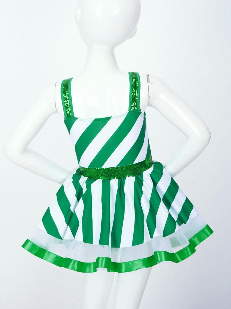 Children Girls Sequins Dance Tutu Dress Leotard Christmas Party Mrs Santa Claus Candy Cane Costume