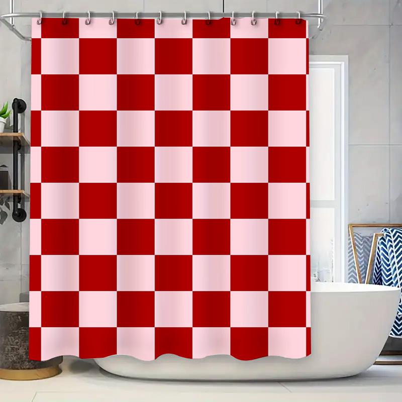 Red White Checkered Shower Curtain Bath Decor for Bathroom Accessories Polyester Fabric with Plastic Rings Hooks (180x240cm)