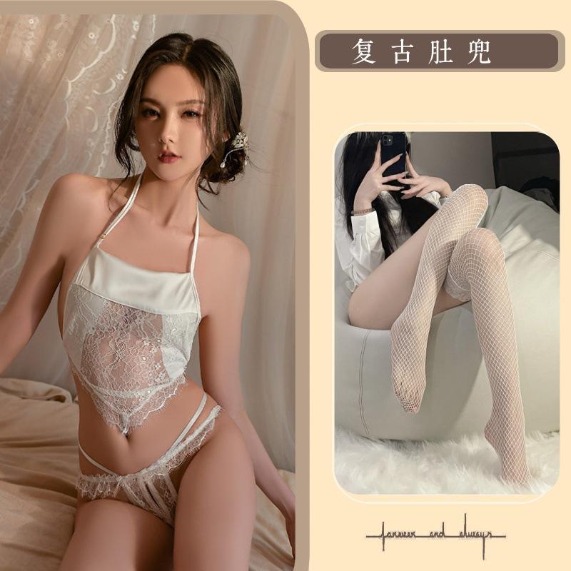 Vintage lingerie sexy pure desire belly pocket hot open crotch lace pajamas free passion temptation suit