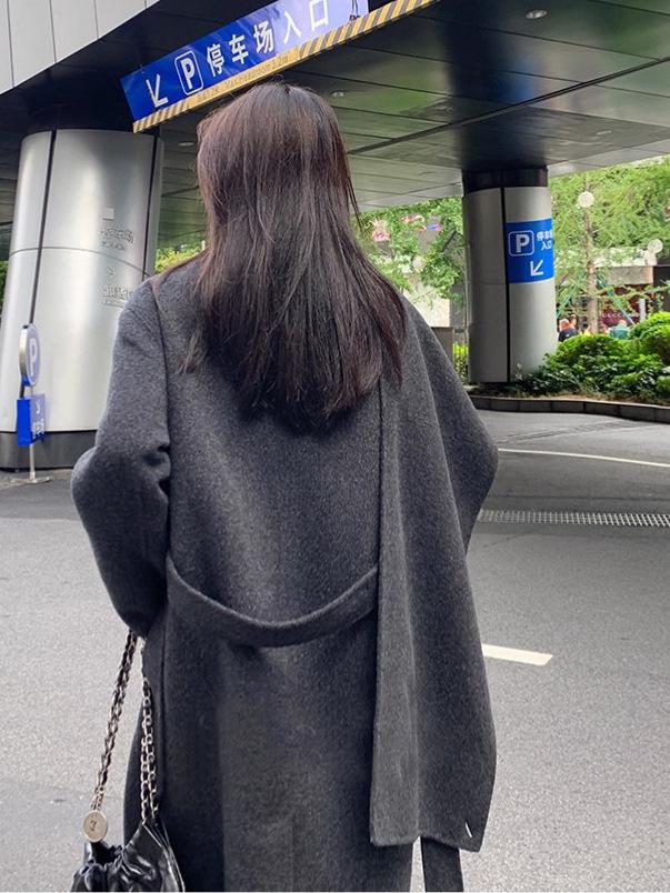 **Pusu Double-Faced Wool Coat: Black, Waist-Cinching Scarf-Integrated Design for Women**