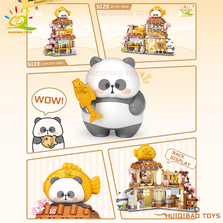 Non-Toxic City Mini Street View Panda Taiyaki Restaurant Model Building Blocks Diy Bear Coffee Shop Decorative Bricks Toys Adult
